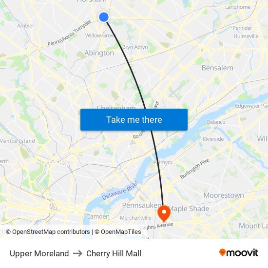 Upper Moreland to Cherry Hill Mall map