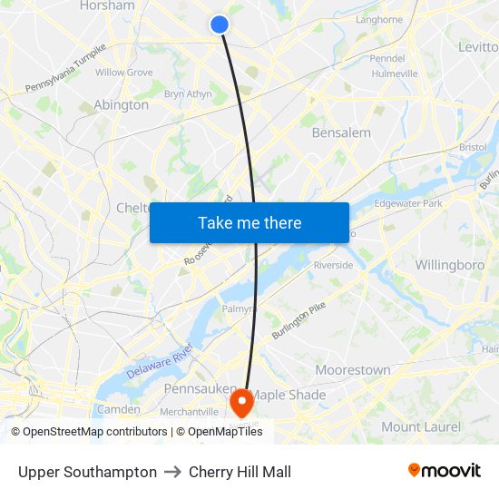 Upper Southampton to Cherry Hill Mall map