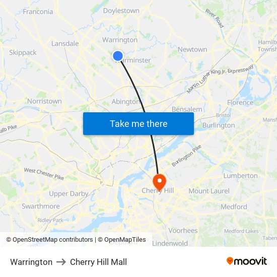 Warrington to Cherry Hill Mall map