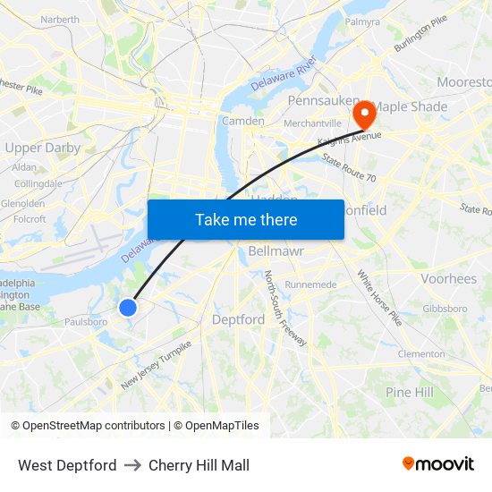 West Deptford to Cherry Hill Mall map