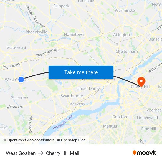 West Goshen to Cherry Hill Mall map