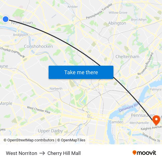 West Norriton to Cherry Hill Mall map