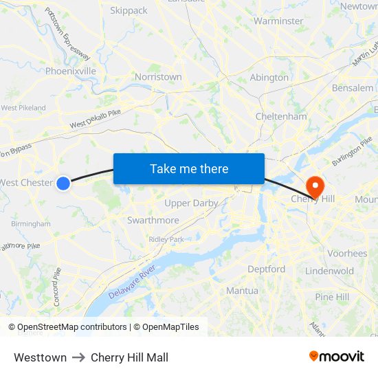 Westtown to Cherry Hill Mall map