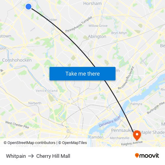 Whitpain to Cherry Hill Mall map