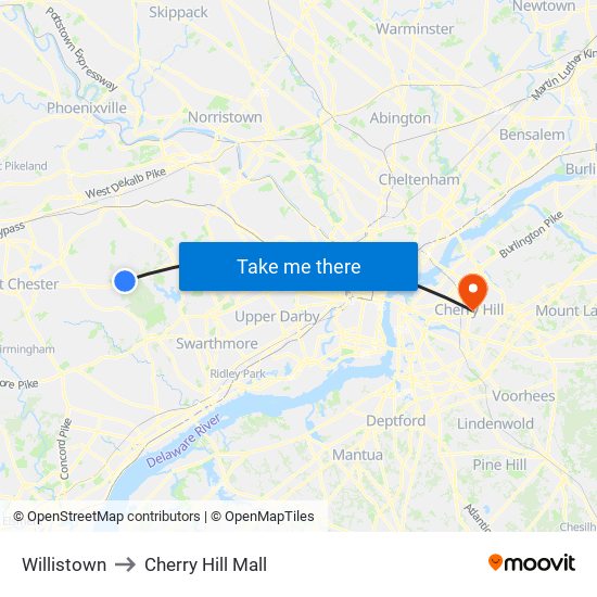 Willistown to Cherry Hill Mall map