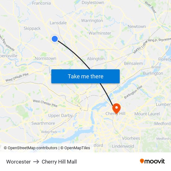 Worcester to Cherry Hill Mall map