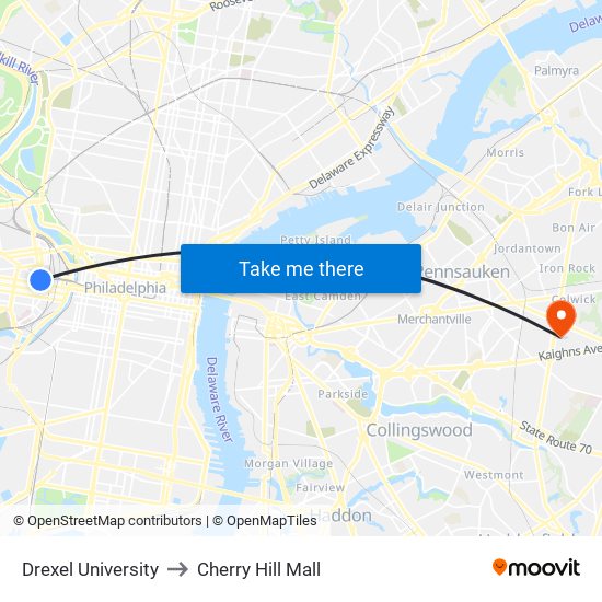 Drexel University to Cherry Hill Mall map