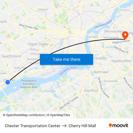 Chester Transportation Center to Cherry Hill Mall map