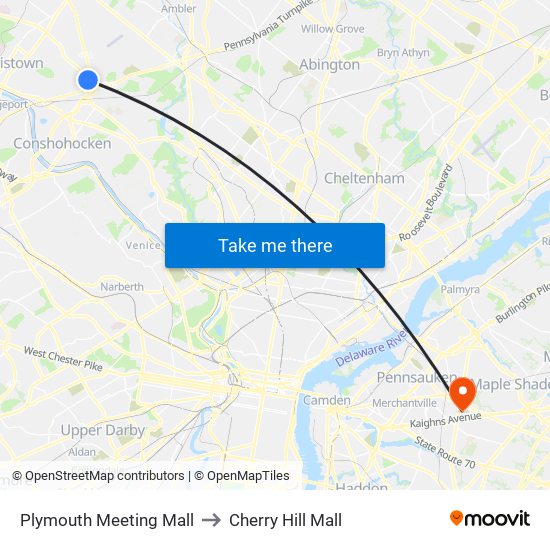 Plymouth Meeting Mall to Cherry Hill Mall map