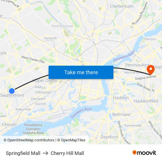 Springfield Mall to Cherry Hill Mall map