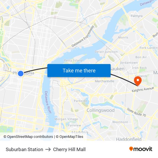 Suburban Station to Cherry Hill Mall map