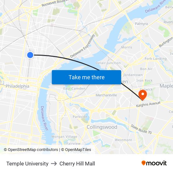 Temple University to Cherry Hill Mall map