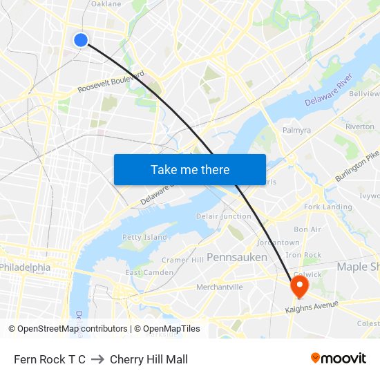 Fern Rock T C to Cherry Hill Mall map