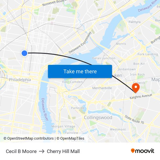 Cecil B Moore to Cherry Hill Mall map