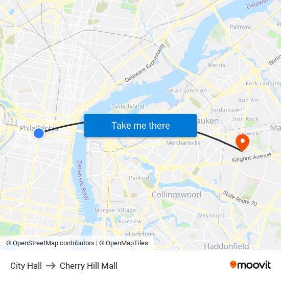 City Hall to Cherry Hill Mall map