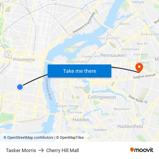 Tasker Morris to Cherry Hill Mall map