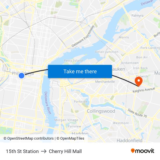15th St Station to Cherry Hill Mall map