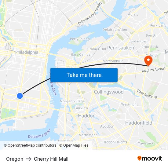 Oregon to Cherry Hill Mall map