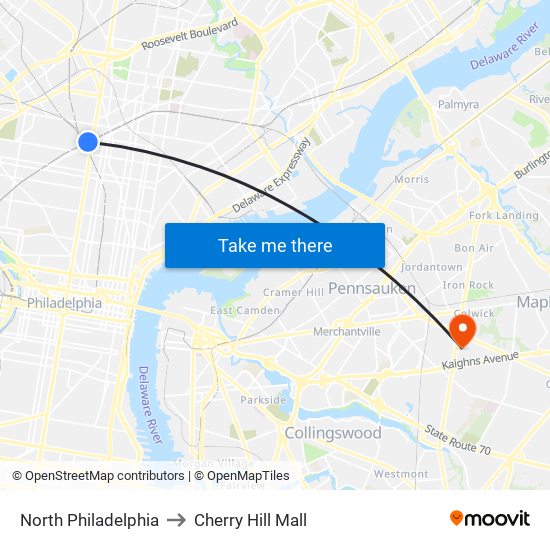 North Philadelphia to Cherry Hill Mall map