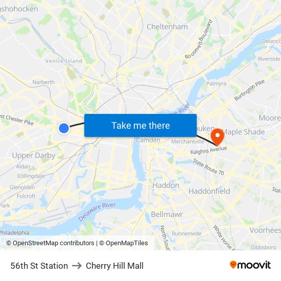 56th St Station to Cherry Hill Mall map