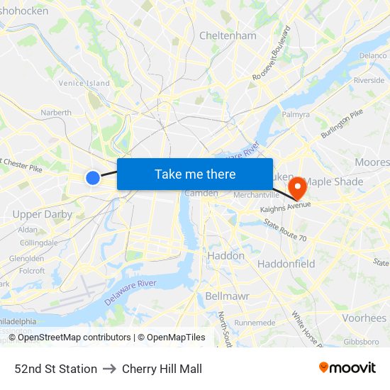 52nd St Station to Cherry Hill Mall map