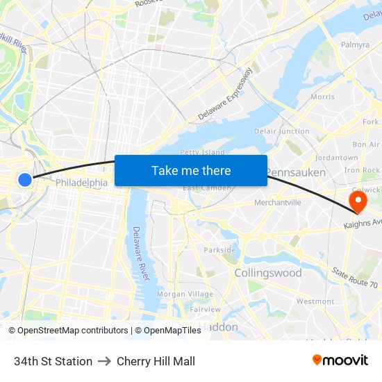 34th St Station to Cherry Hill Mall map