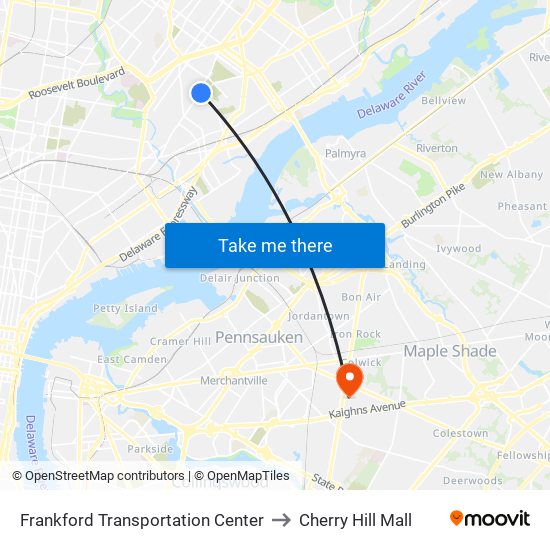 Frankford Transportation Center to Cherry Hill Mall map