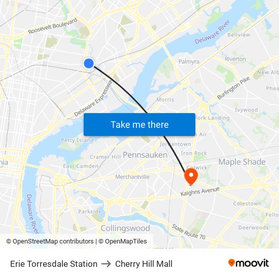 Erie Torresdale Station to Cherry Hill Mall map
