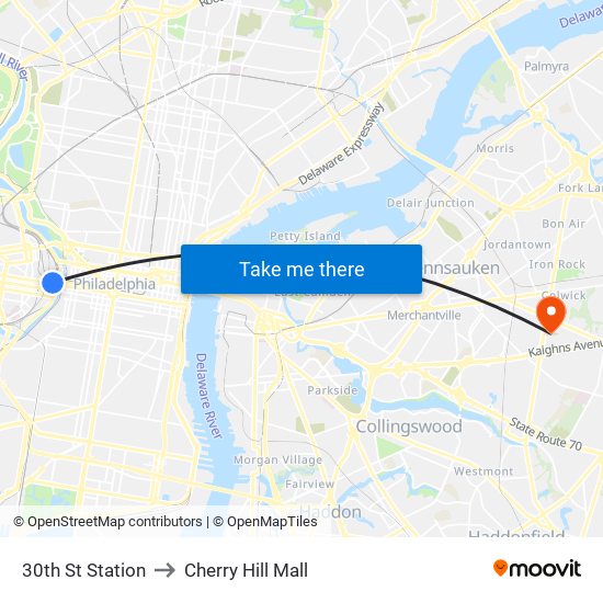 30th St Station to Cherry Hill Mall map