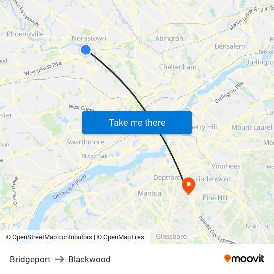 Bridgeport to Blackwood map