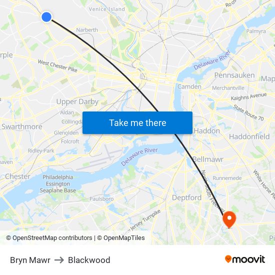 Bryn Mawr to Blackwood map