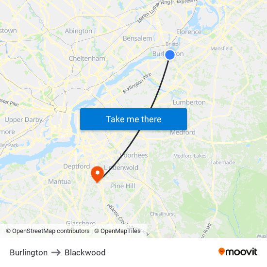 Burlington to Blackwood map