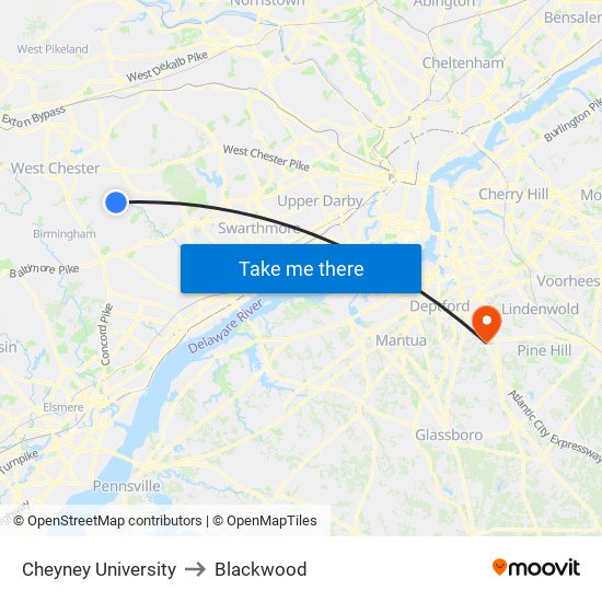 Cheyney University to Blackwood map