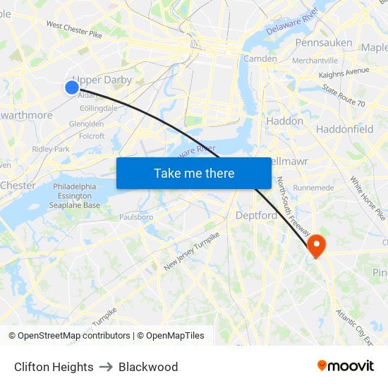 Clifton Heights to Blackwood map