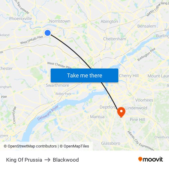 King Of Prussia to Blackwood map