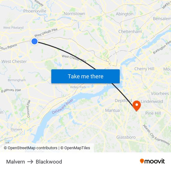 Malvern to Blackwood map