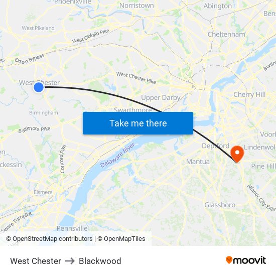 West Chester to Blackwood map