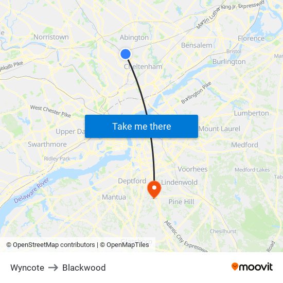 Wyncote to Blackwood map