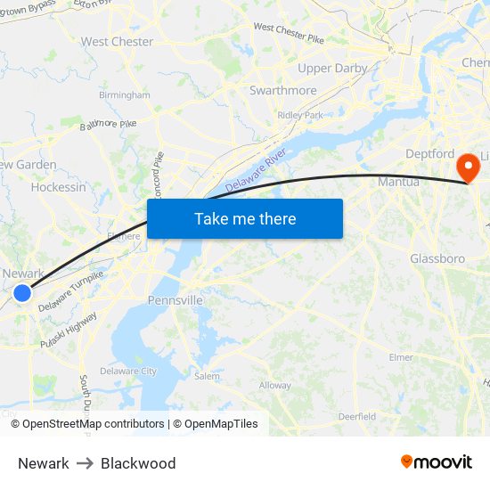 Newark to Blackwood map