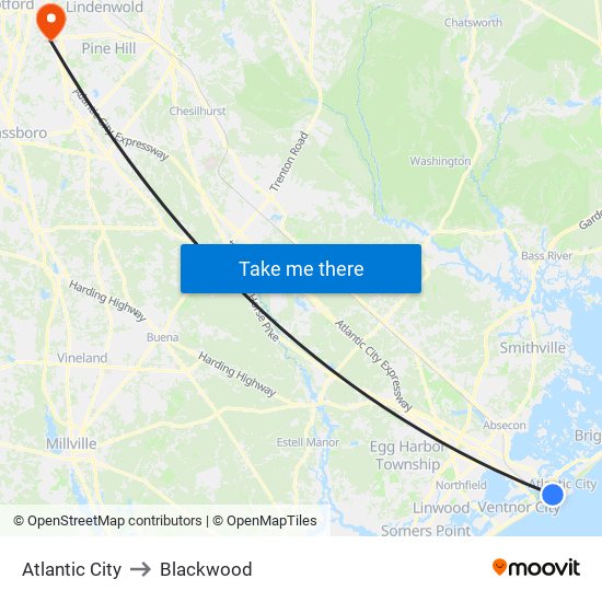 Atlantic City to Blackwood map