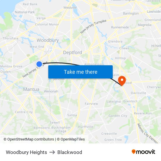 Woodbury Heights to Blackwood map