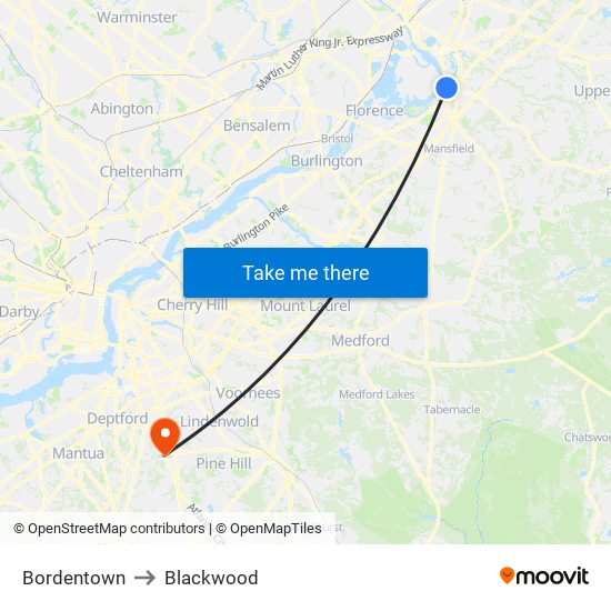 Bordentown to Blackwood map
