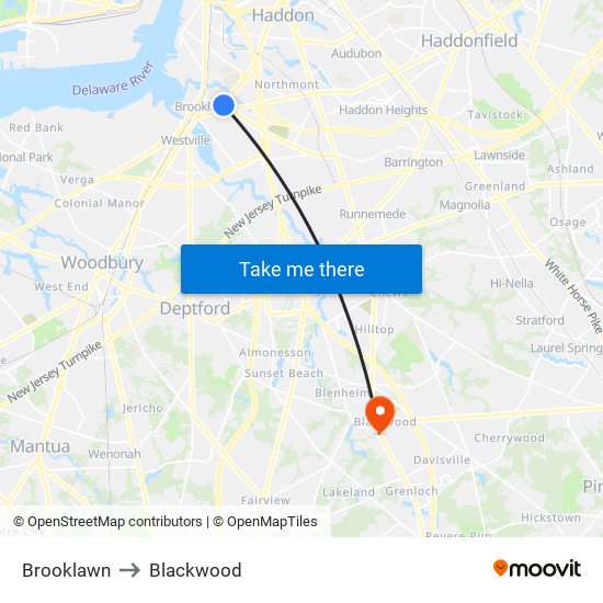 Brooklawn to Blackwood map