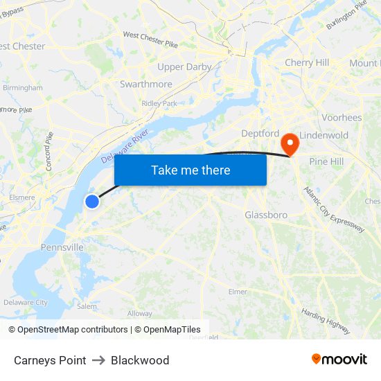 Carneys Point to Blackwood map