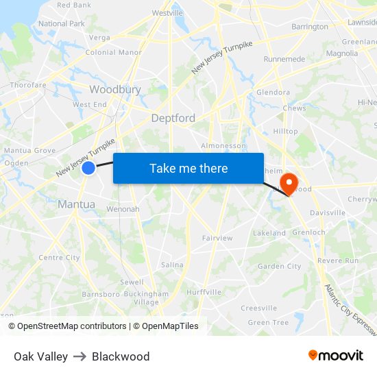 Oak Valley to Blackwood map