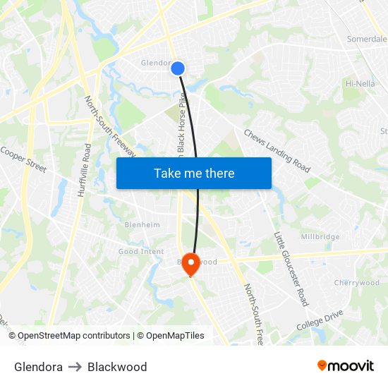 Glendora to Blackwood map