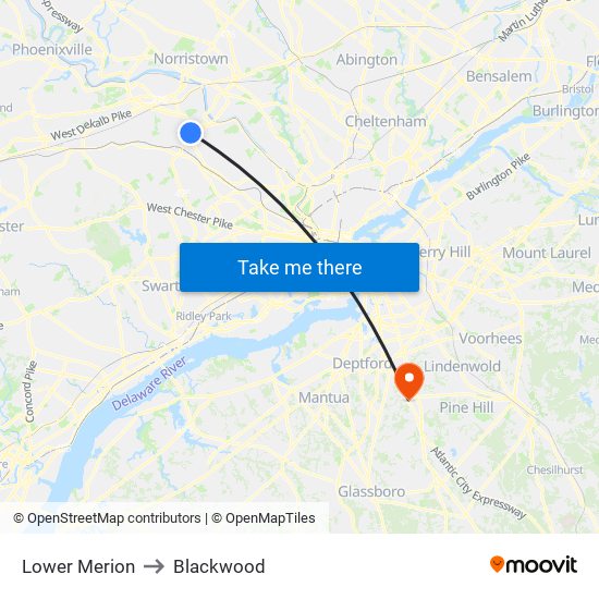 Lower Merion to Blackwood map