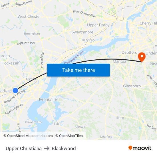 Upper Christiana to Blackwood map