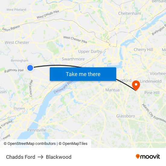 Chadds Ford to Blackwood map