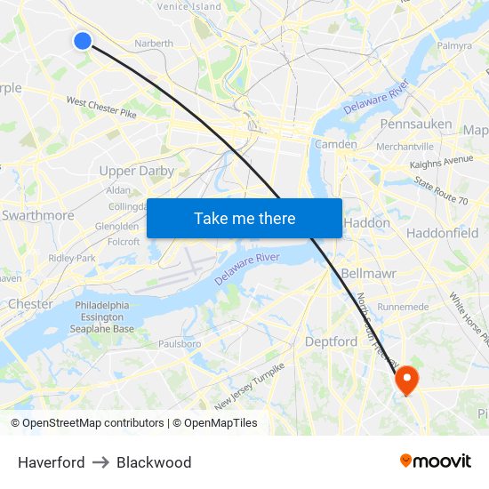 Haverford to Blackwood map
